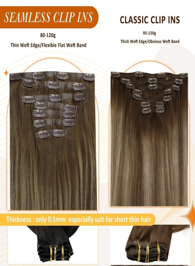 Full Shine Human Hair Clip in Extensions Brown Balayage Seamless Clip in Hair Extensions Human Hair Medium Brown with Honey Blonde Highlights Natural Seamless Look 18 Inch 8 Pcs 120 G - Image 4