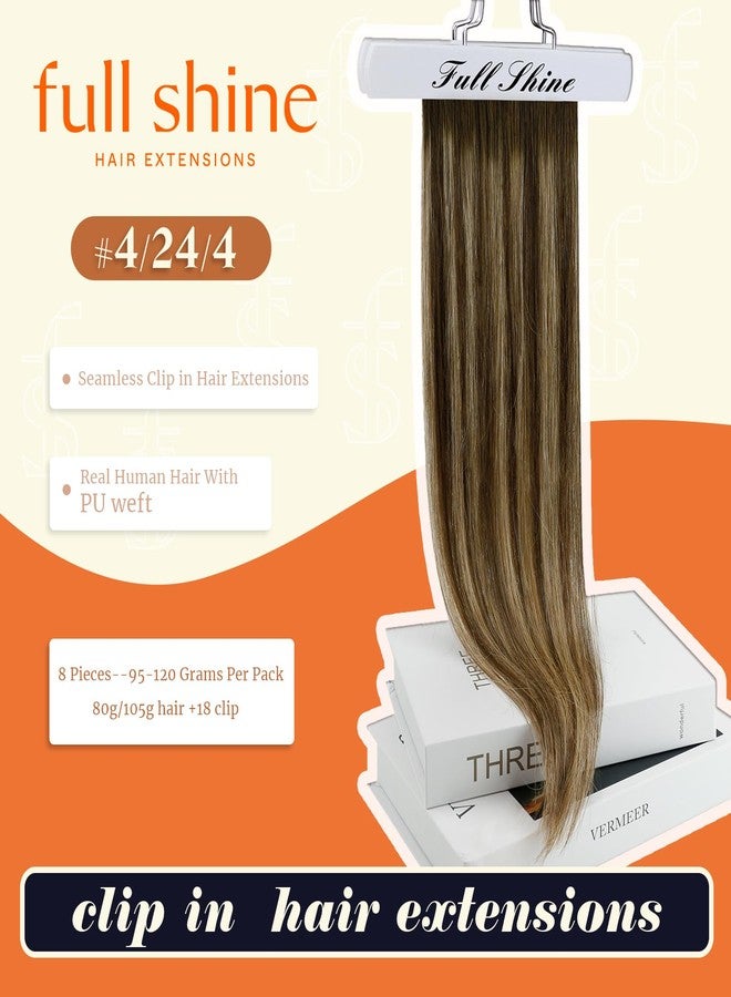 Full Shine Human Hair Clip in Extensions Brown Balayage Seamless Clip in Hair Extensions Human Hair Medium Brown with Honey Blonde Highlights Natural Seamless Look 18 Inch 8 Pcs 120 G - Image 2