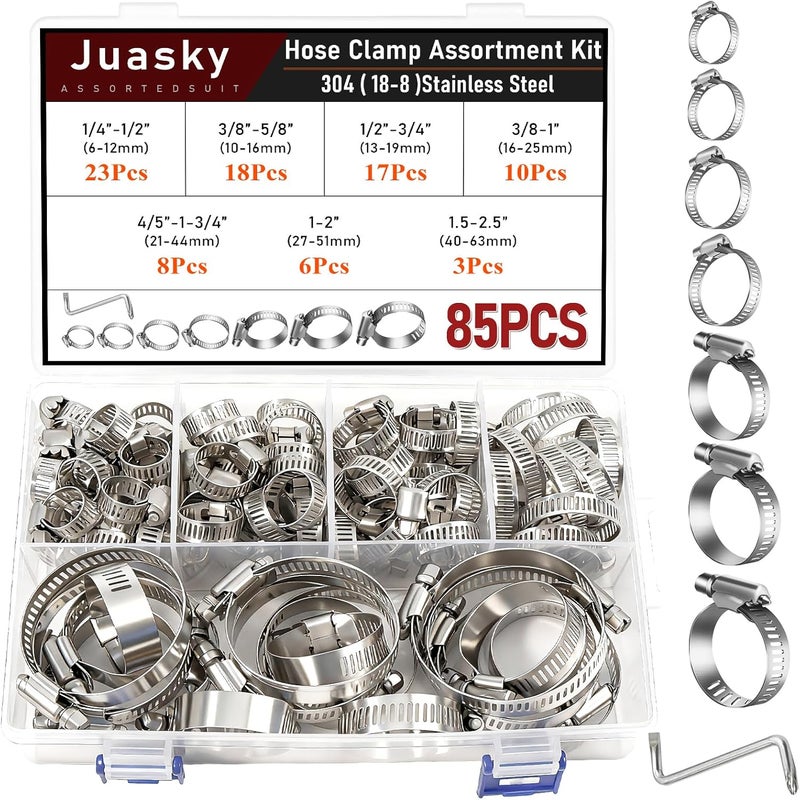 Juasky 85pcs Stainless Steel Hose Clamp Assortment Kit,1/4-2 1/2 Inch Small Stainless Hose Clamp For Tube Pipe Fuel Line, Plumbing - Image 1