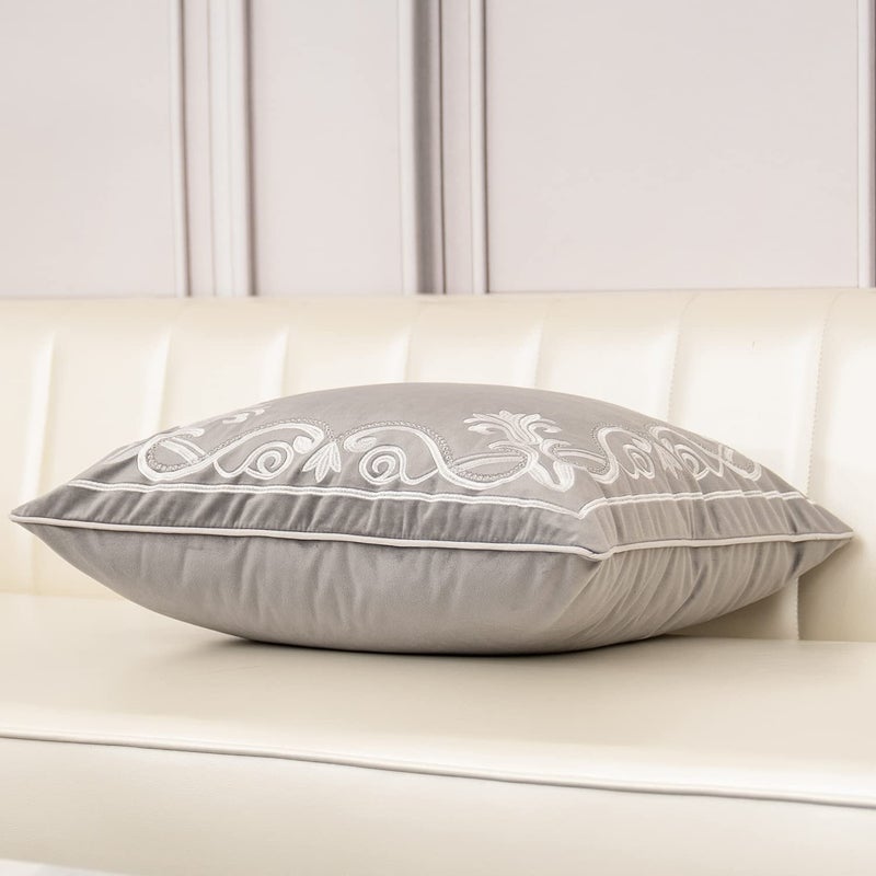 Aeckself European Floral Pillow Cover 18x18 Inch, Luxury Velvet Embroidered Decorative Throw Pillow Cover for Couch Bedroom Living Room, Grey and White - Image 4