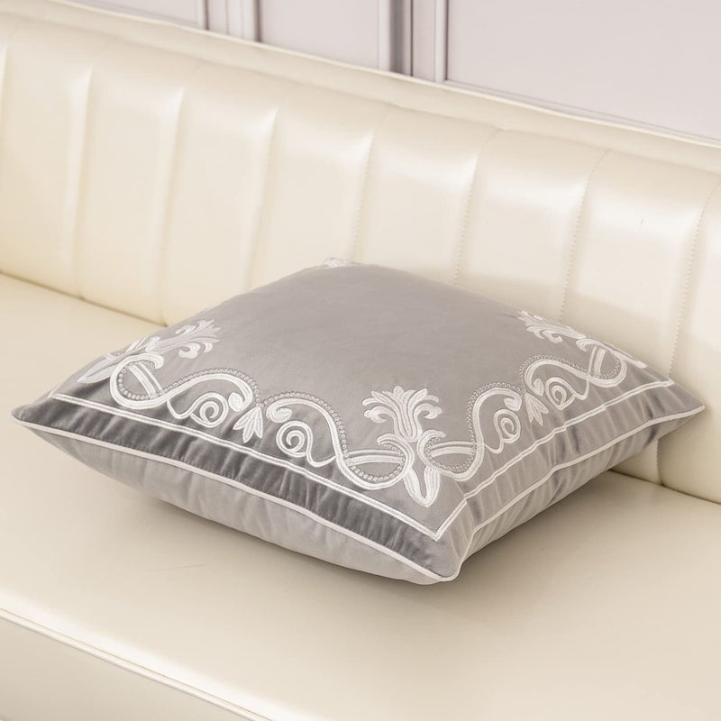 Aeckself European Floral Pillow Cover 18x18 Inch, Luxury Velvet Embroidered Decorative Throw Pillow Cover for Couch Bedroom Living Room, Grey and White - Image 3