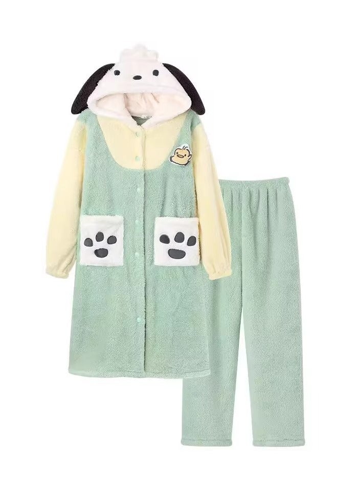 KUYING Coral velvet pajamas, long autumn and winter cartoon pajamas, home clothing  - Image 1