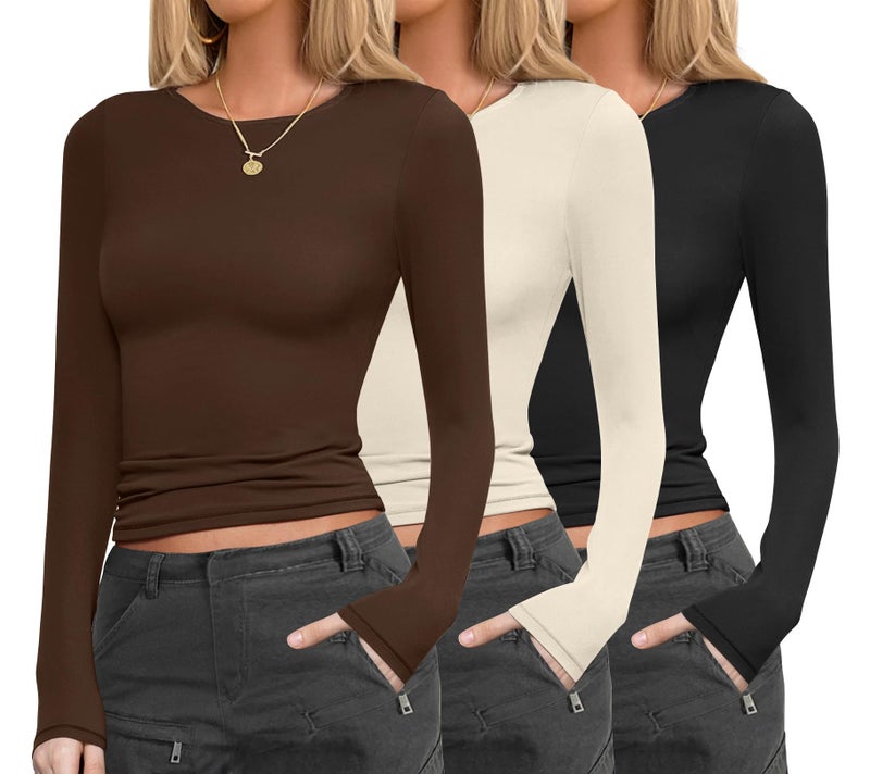 Ekouaer Womens 3 Pack Long Sleeve Shirts Fitted Tops Base Layering Tight Thermal Undershirts BlackBeigeBrown M - Image 2