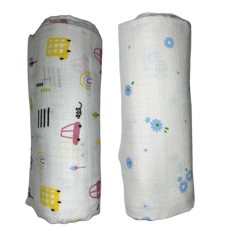 Tiny Blooms Ultra Soft 100 Cotton Muslin Baby Swaddles Wrap Pack of 2 107cm x 107cm Flowers Cars Prints on White Use as Swaddle Wrap Stroller Cover Nursing Cover Blanket More