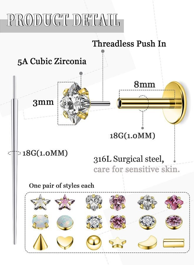 Lsnevsie 20G 18G 16G 14K Gold Filled Threadless Flat Back Earrings Studs Surgical Stainless Steel Opal CZ Nose Rings Studs Tragus Helix Conch Cartilage Earrings Piercing Jewelry For Women Men Silver - Image 2