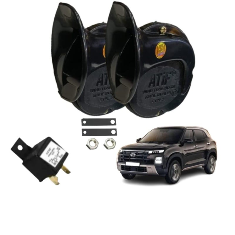 ATIF Horn For Universal For Bike, Universal For Car, Universal for Bus, Universal for Trucks Creta (BLACK HORN WITH RELAY) - Image 1