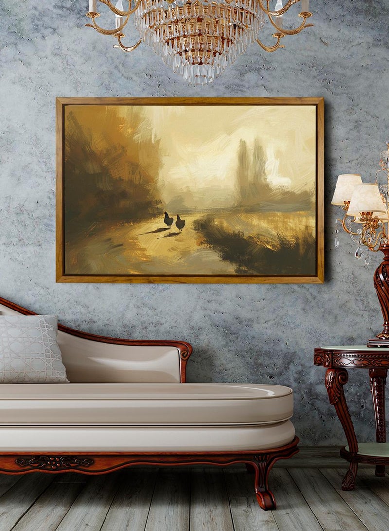 LOWHA Canvas Wall Art Stretched Over Wooden Frame with Wooden Color Floating Frame and Vintage Style Chickens Abstract Painting - Image 1