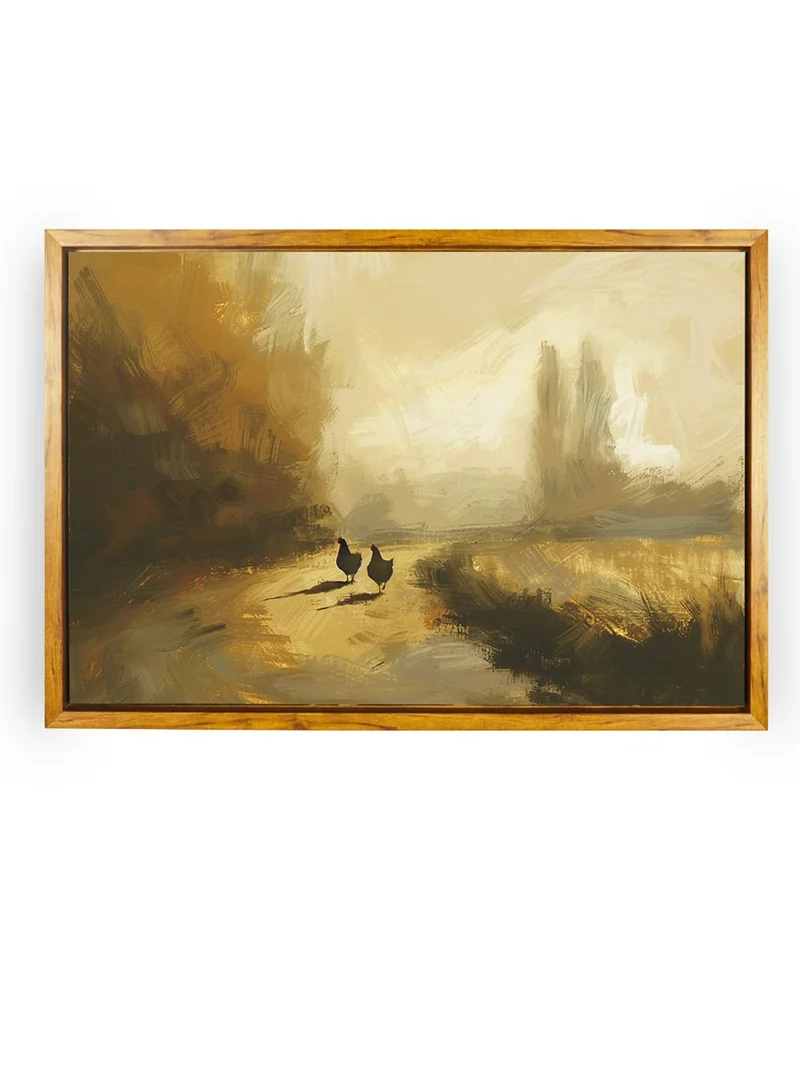 LOWHA Canvas Wall Art Stretched Over Wooden Frame with Wooden Color Floating Frame and Vintage Style Chickens Abstract Painting