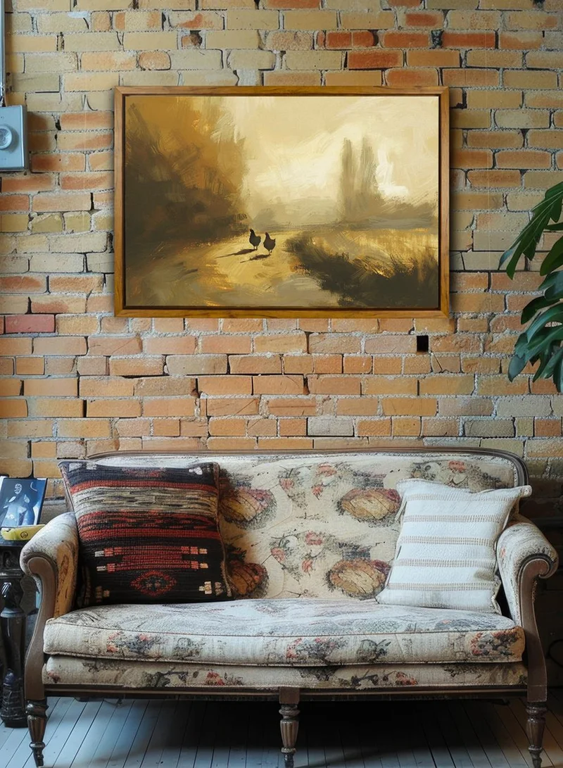 LOWHA Canvas Wall Art Stretched Over Wooden Frame with Wooden Color Floating Frame and Vintage Style Chickens Abstract Painting