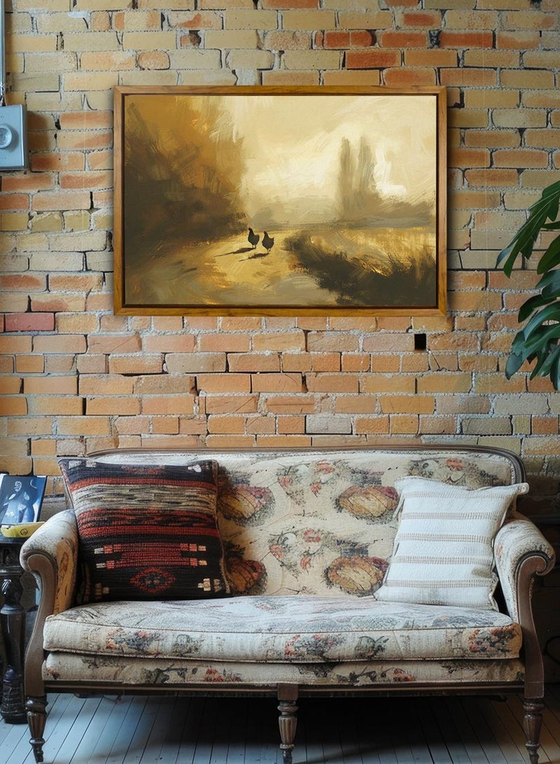 LOWHA Canvas Wall Art Stretched Over Wooden Frame with Wooden Color Floating Frame and Vintage Style Chickens Abstract Painting - Image 4