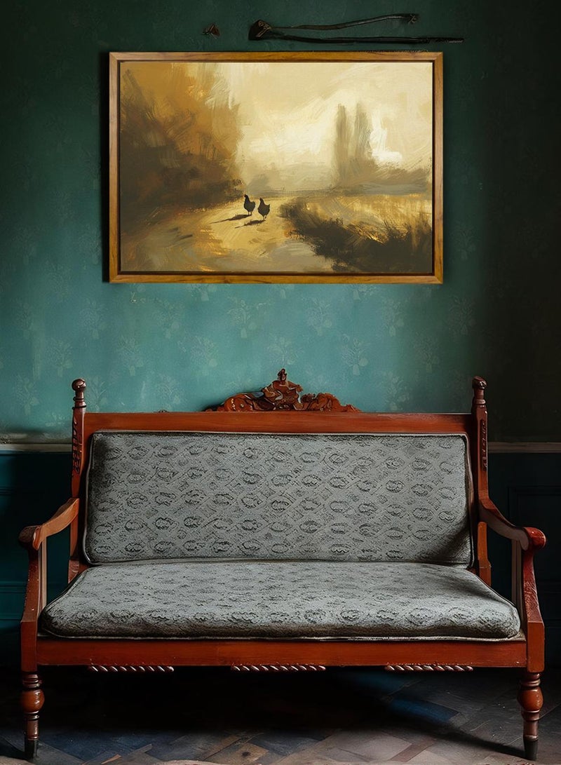 LOWHA Canvas Wall Art Stretched Over Wooden Frame with Wooden Color Floating Frame and Vintage Style Chickens Abstract Painting - Image 3