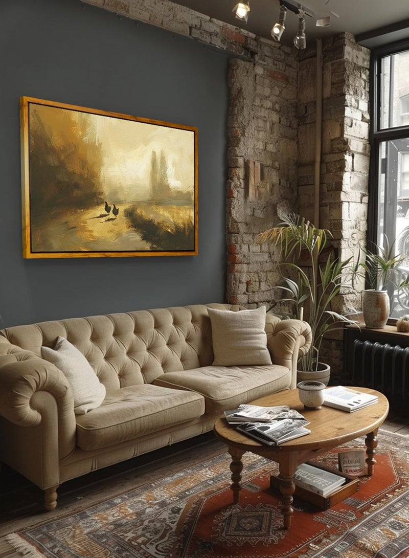 LOWHA Canvas Wall Art Stretched Over Wooden Frame with Wooden Color Floating Frame and Vintage Style Chickens Abstract Painting - Image 2