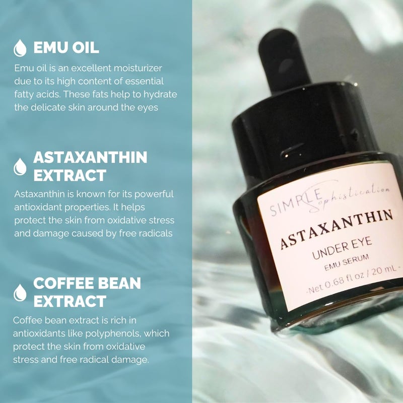 Simple Sophistication Astaxanthin Under Eye Serum with EMU oil 067 fl oz 20 mL Emu oil serum Powerful antioxidant astaxanthin Sea Buckthorn Squalane Aloe Vera Coffee Preservative free 100 Natural - Image 2