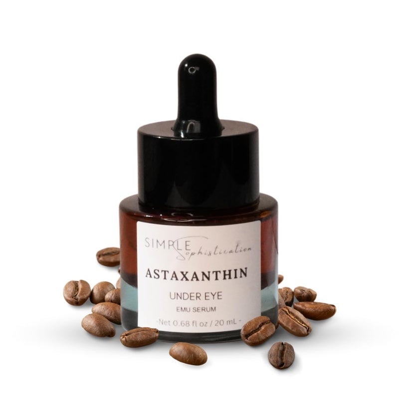 Simple Sophistication Astaxanthin Under Eye Serum with EMU oil 067 fl oz 20 mL Emu oil serum Powerful antioxidant astaxanthin Sea Buckthorn Squalane Aloe Vera Coffee Preservative free 100 Natural - Image 1