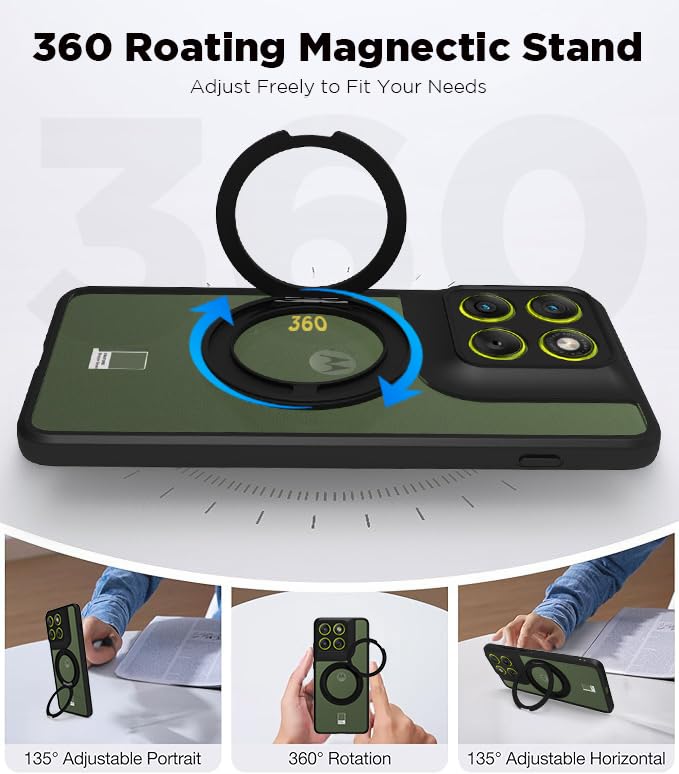 RIGGEAR Shockproof Sleek Hybrid Armor 360° Rotating Magnetic Ring Stand Back Cover Case Compatible with MagSafe Accessories for Motorola Moto Edge 70 5G (Transparent PC and Black TPU Bumper) - Image 3