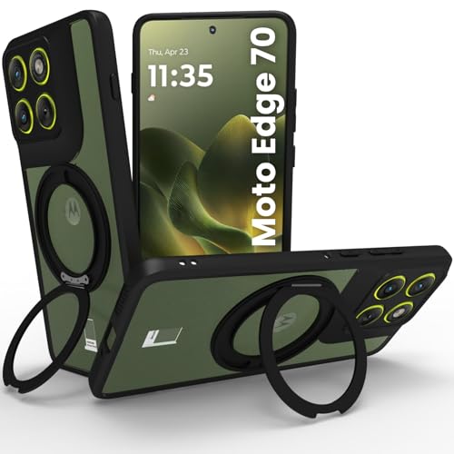 RIGGEAR Shockproof Sleek Hybrid Armor 360° Rotating Magnetic Ring Stand Back Cover Case Compatible with MagSafe Accessories for Motorola Moto Edge 70 5G (Transparent PC and Black TPU Bumper) - Image 1