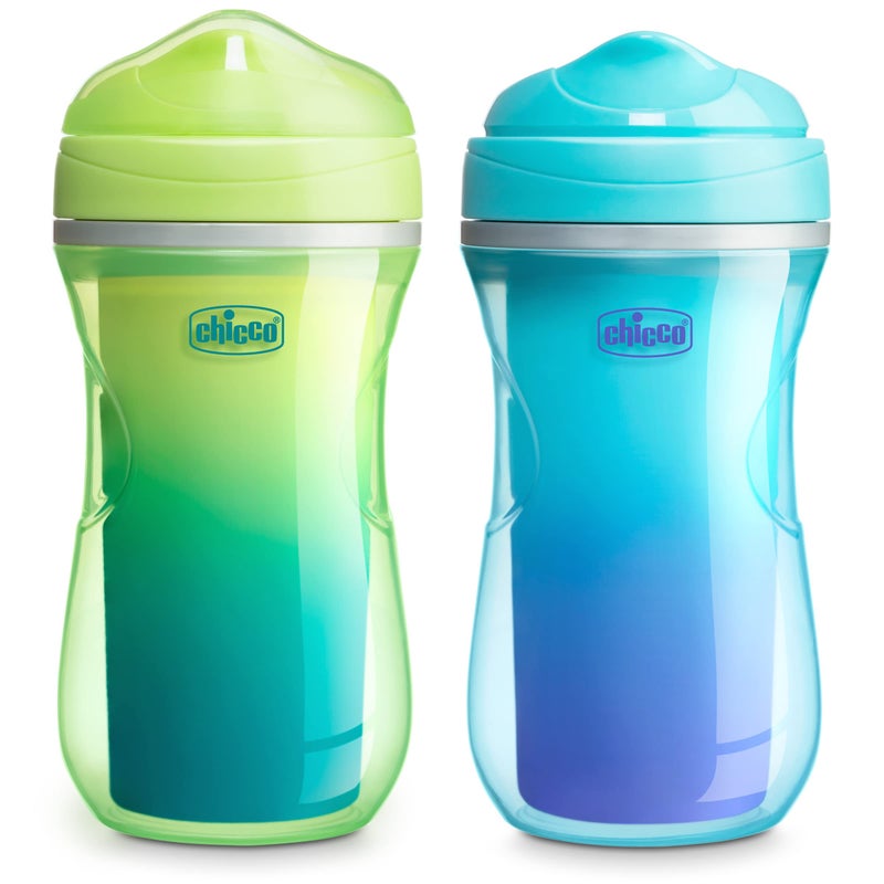 Chicco Chicco DoubleWall Insulated Sippy Cup with BiteProof Rim Spout and SpillFree Lid 9oz TopRack Dishwasher Safe Easy to Hold Ergonomic Indents GreenTeal Ombre 2pk 12 months