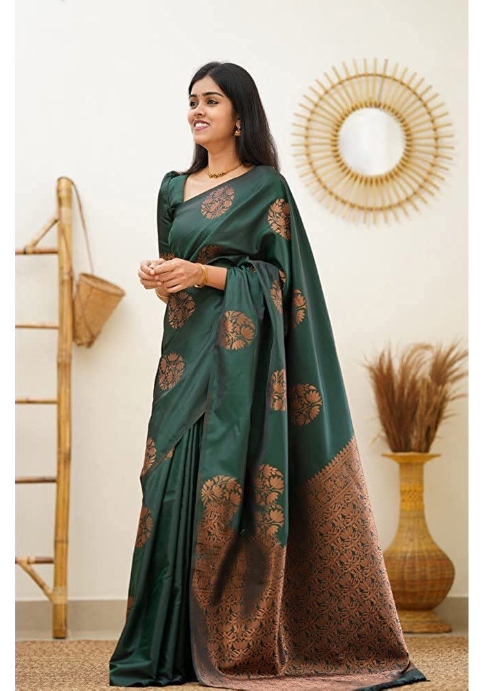 Sidhidata Textile Women's Banarasi Soft Silk Saree with Unstitched Blouse Piece - Bottle Green - Image 4