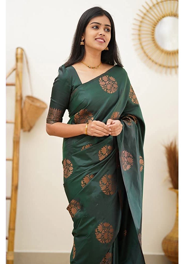 Sidhidata Textile Women's Banarasi Soft Silk Saree with Unstitched Blouse Piece - Bottle Green - Image 2