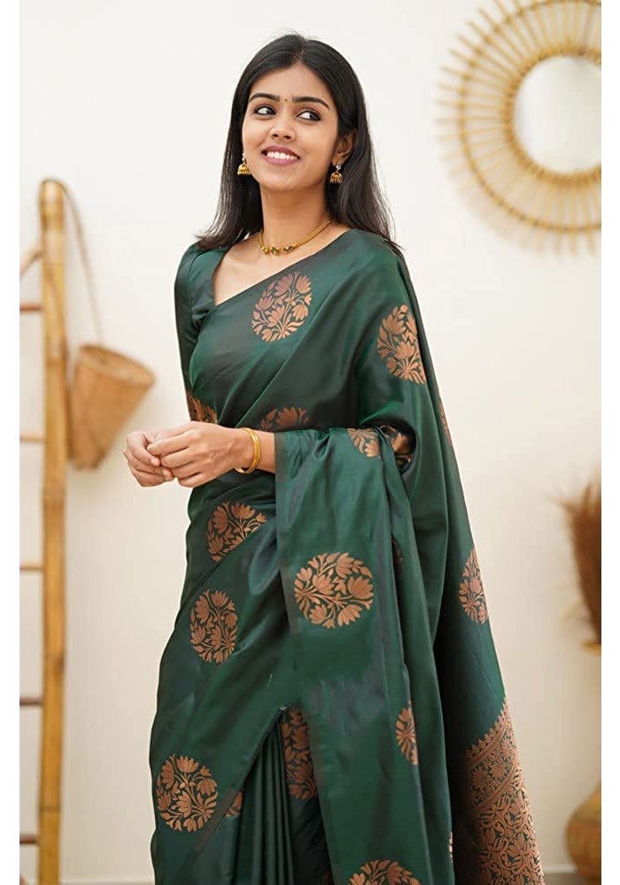 Sidhidata Textile Women's Banarasi Soft Silk Saree with Unstitched Blouse Piece - Bottle Green - Image 3