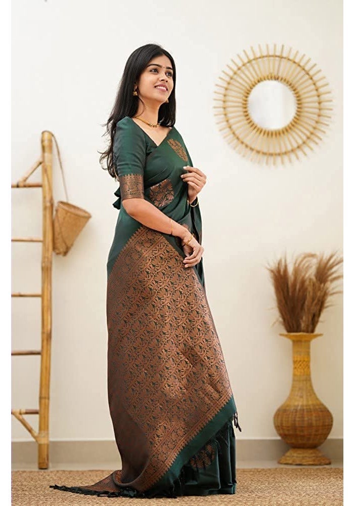 Sidhidata Textile Women's Banarasi Soft Silk Saree with Unstitched Blouse Piece - Bottle Green - Image 5