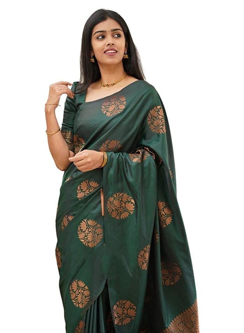 Sidhidata Textile Women's Banarasi Soft Silk Saree with Unstitched Blouse Piece - Bottle Green - Image 1