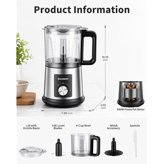 SHARDOR Electric Food Processor, 4 Cup Food Chopper with 3 Speed Settings (Pulse + Hands-Free 1&2), 400W Powerful Motor, 4 Bi-Level Blades and Whisk Attachment, BPA-Free, Stainless Steel - Image 2