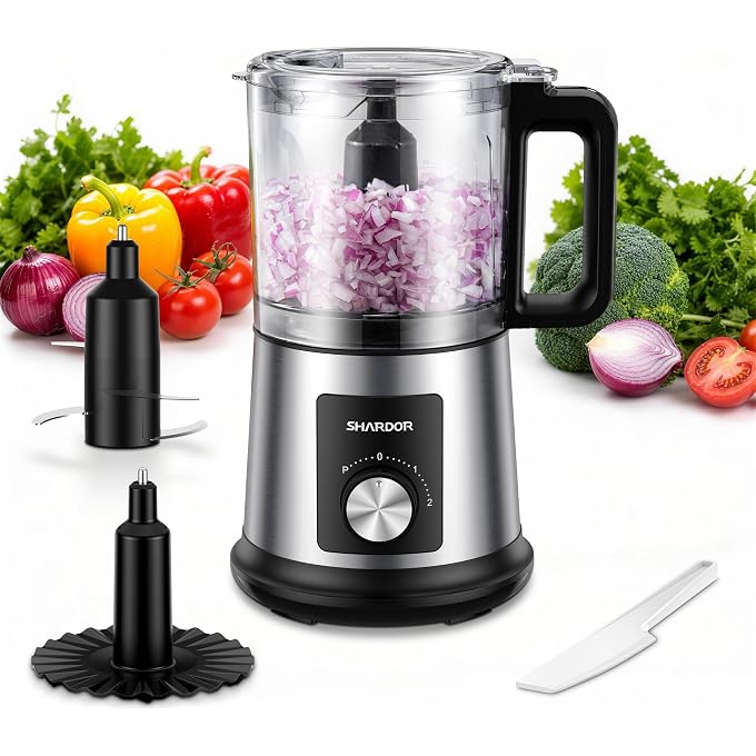 SHARDOR Electric Food Processor, 4 Cup Food Chopper with 3 Speed Settings (Pulse + Hands-Free 1&2), 400W Powerful Motor, 4 Bi-Level Blades and Whisk Attachment, BPA-Free, Stainless Steel - Image 1