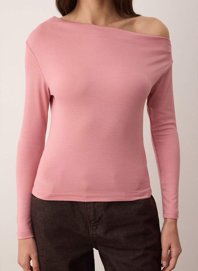 trendyol Dusty Rose Plain Premium Soft Fabric Fitted/Slim Fit Boat Neck Knitted Blouse - Image 3