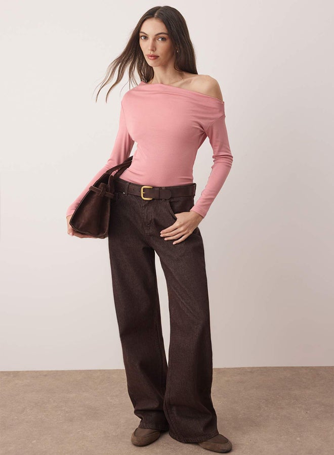 trendyol Dusty Rose Plain Premium Soft Fabric Fitted/Slim Fit Boat Neck Knitted Blouse - Image 1