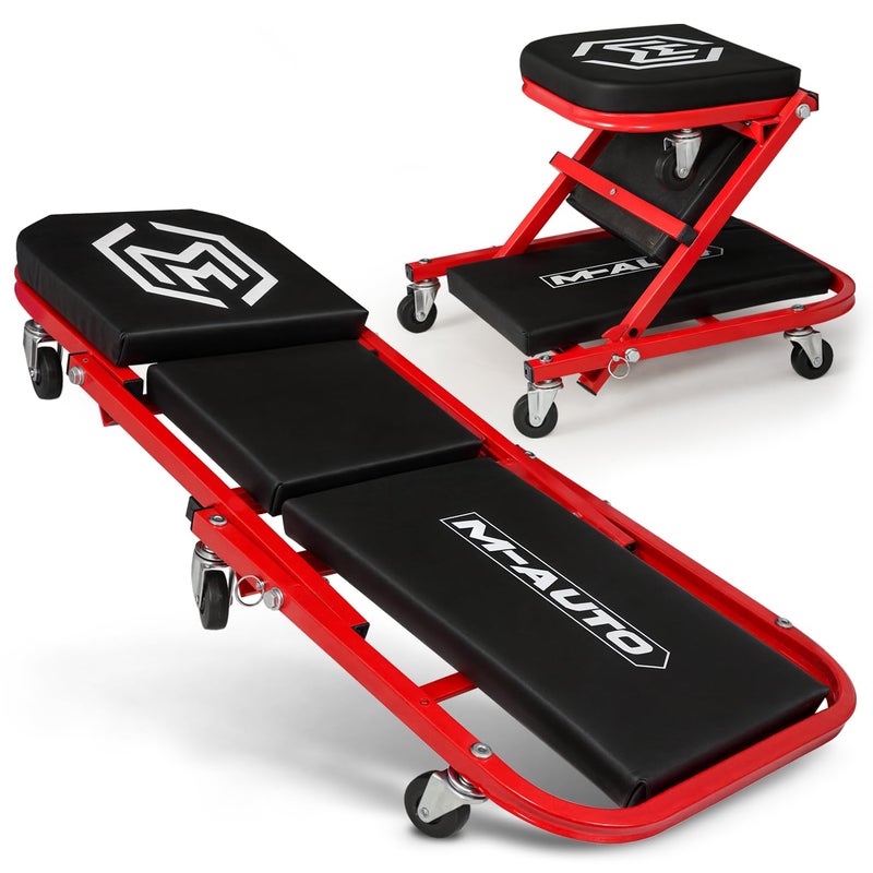 MAUTO Foldable Z Creeper 2in1 Rolling Folding Car Creeper Seat 36 Adjustable Roller Garage Chair Lay Down or Sit 330LBS Capacity Under Car Roller Creeper with 6 Swivel Casters Red