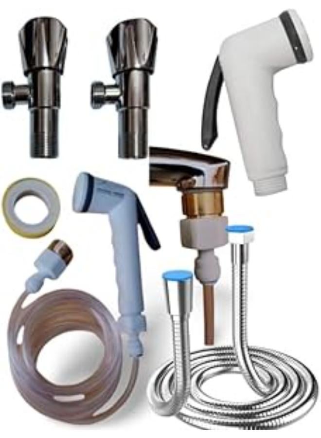 2 corner valves, a bathroom bidet with a 1.75 meter nickel hose, and another bidet with a 5 meter long hose.