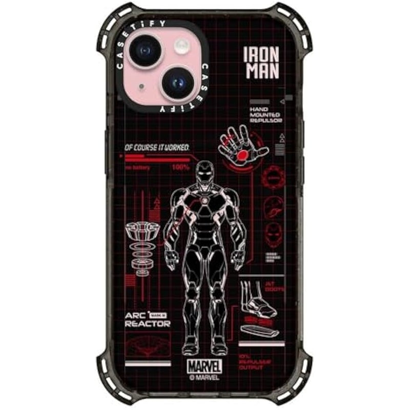 Casetify Bounce iPhone 15 Case 【Iron Man Co-Lab / 6X Military Grade Drop Tested / 21.3ft Drop Protection/Compatible with Magsafe】 - Iron Man Blue Print Tech - Red - Clear Black - Image 1