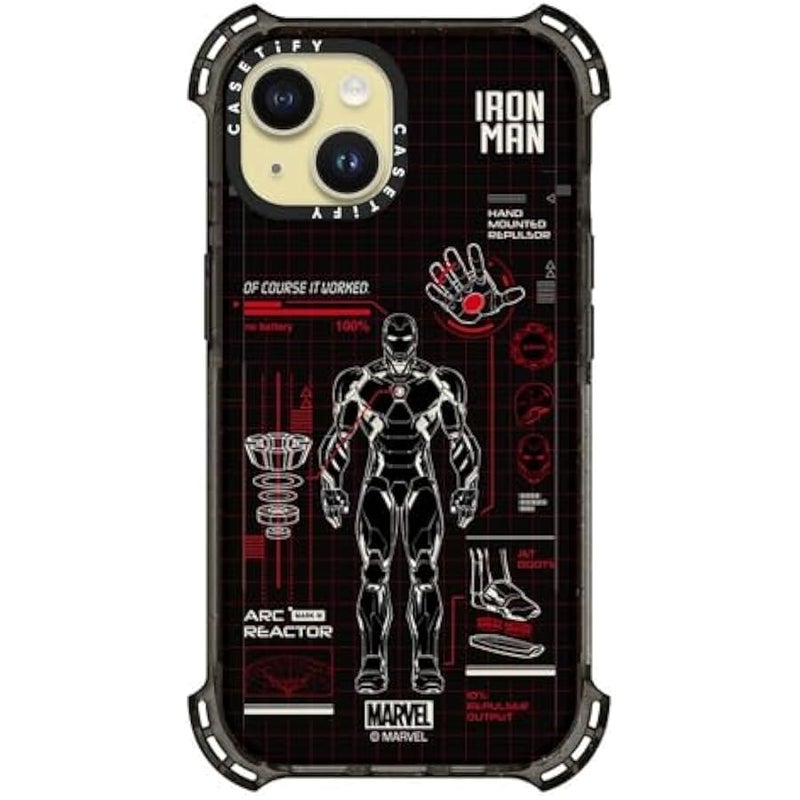 Casetify Bounce iPhone 15 Case 【Iron Man Co-Lab / 6X Military Grade Drop Tested / 21.3ft Drop Protection/Compatible with Magsafe】 - Iron Man Blue Print Tech - Red - Clear Black - Image 2