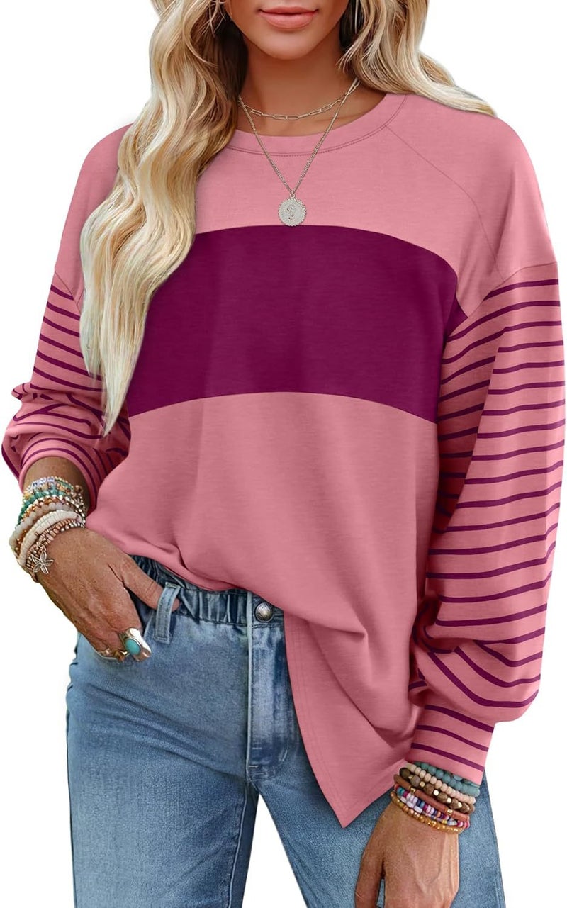 2024 Women'S New Pullover Round Neck Casual Striped Contrast Color Long Sleeve T-Shirt For Women - Image 1