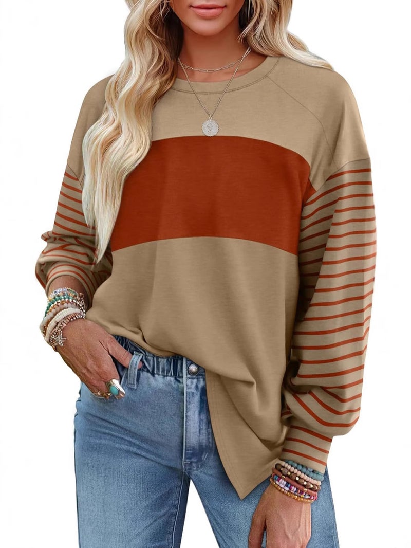 2024 Women'S New Pullover Round Neck Casual Striped Contrast Color Long Sleeve T-Shirt For Women - Image 2