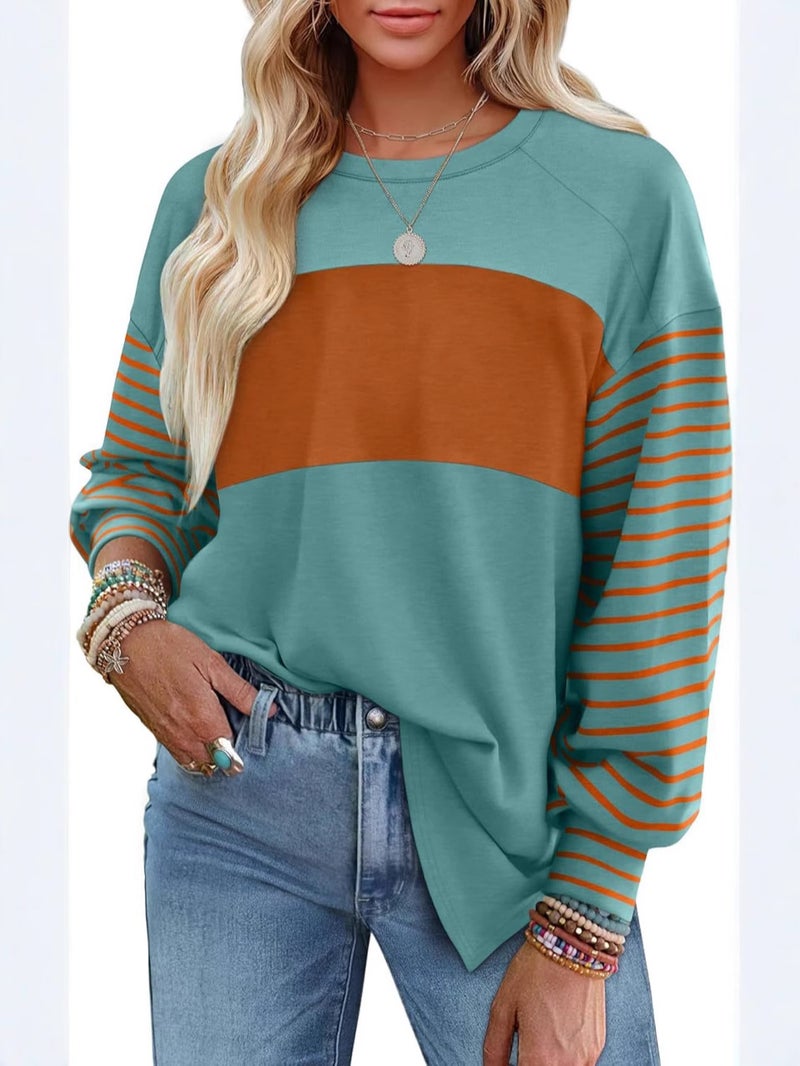 2024 Women'S New Pullover Round Neck Casual Striped Contrast Color Long Sleeve T-Shirt For Women - Image 3