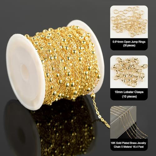 YOUBEIYEE 32.8 Feet Satellite Bead Chain for Jewelry Making 18K Gold Plated Brass Cross Chain Link Jewelry Chain Roll with Jump Rings and Lobster Clasps - Image 2