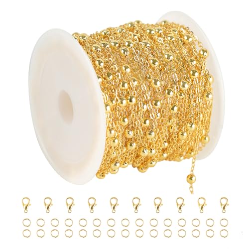 YOUBEIYEE 32.8 Feet Satellite Bead Chain for Jewelry Making 18K Gold Plated Brass Cross Chain Link Jewelry Chain Roll with Jump Rings and Lobster Clasps - Image 1