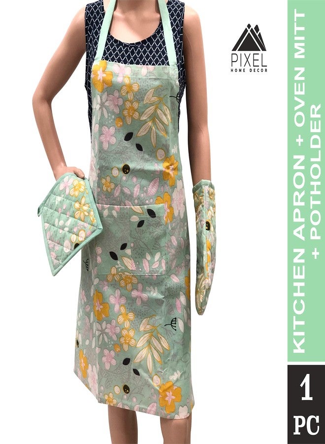 PIXEL HOME DECOR Pixel Home Organic Cotton Flower Print Apron with Oven Mitt and Pot Holder (Green) - Image 4