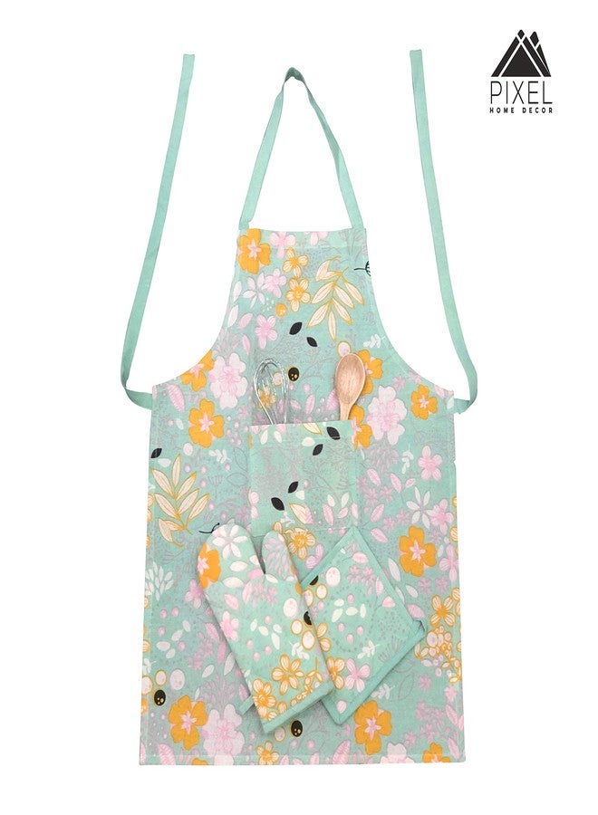 PIXEL HOME DECOR Pixel Home Organic Cotton Flower Print Apron with Oven Mitt and Pot Holder (Green) - Image 5
