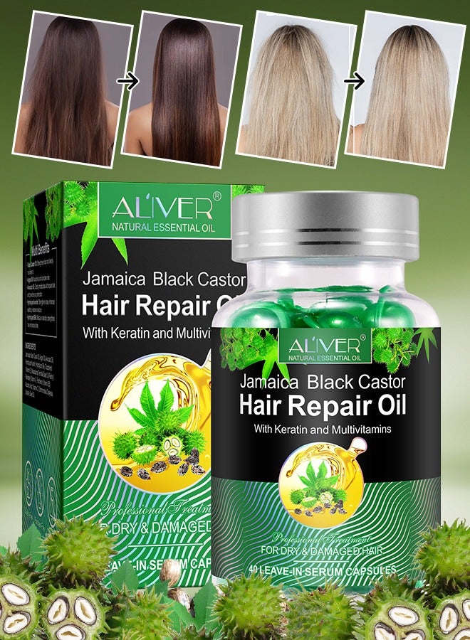 ALIVER 40 Pcs Jamaica Black Castor Hair Repair Oil Capsules Organic Jamaican Black Castor Oil with Keratin & Multivitamins Hair Repair Oil Shines Nourishing Repair Dry & Damaged Hair Treatment Leave-In Serum - Image 1