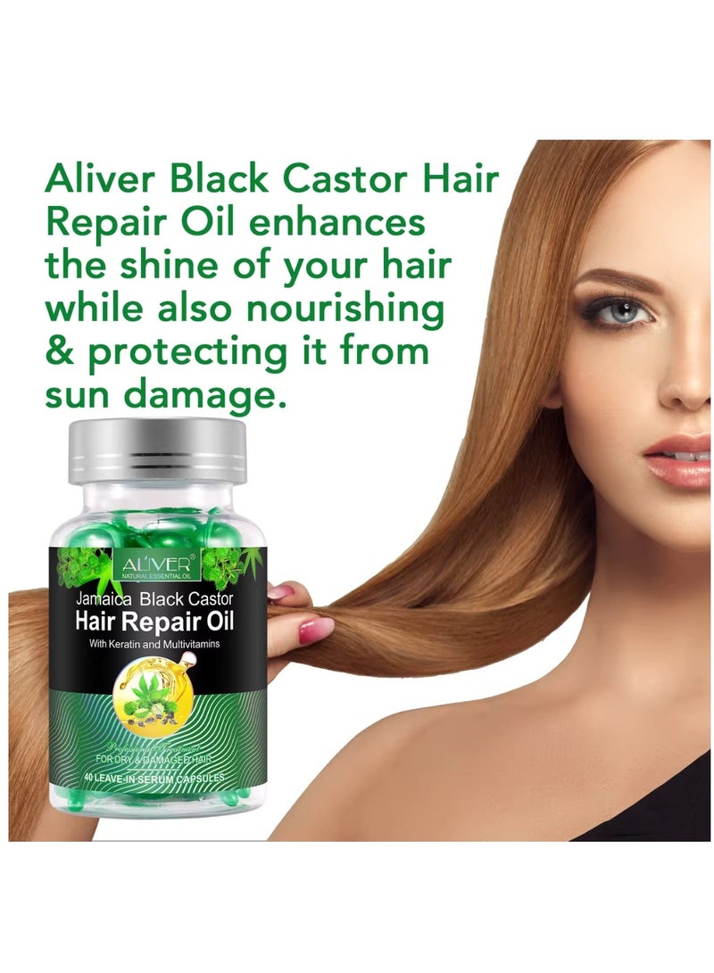 ALIVER 40 Pcs Jamaica Black Castor Hair Repair Oil Capsules Organic Jamaican Black Castor Oil with Keratin & Multivitamins Hair Repair Oil Shines Nourishing Repair Dry & Damaged Hair Treatment Leave-In Serum - Image 2