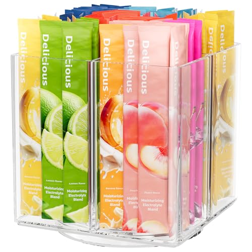 Slow Slog Drink Packet Organizer, Rotating Turntable Organizer with 4 Compartments, Clear Lazy Susan for Powdered Drink Mix, Water Flavor Packets, Coffee, Tea – Space-Saving Countertop Organizer - Image 1