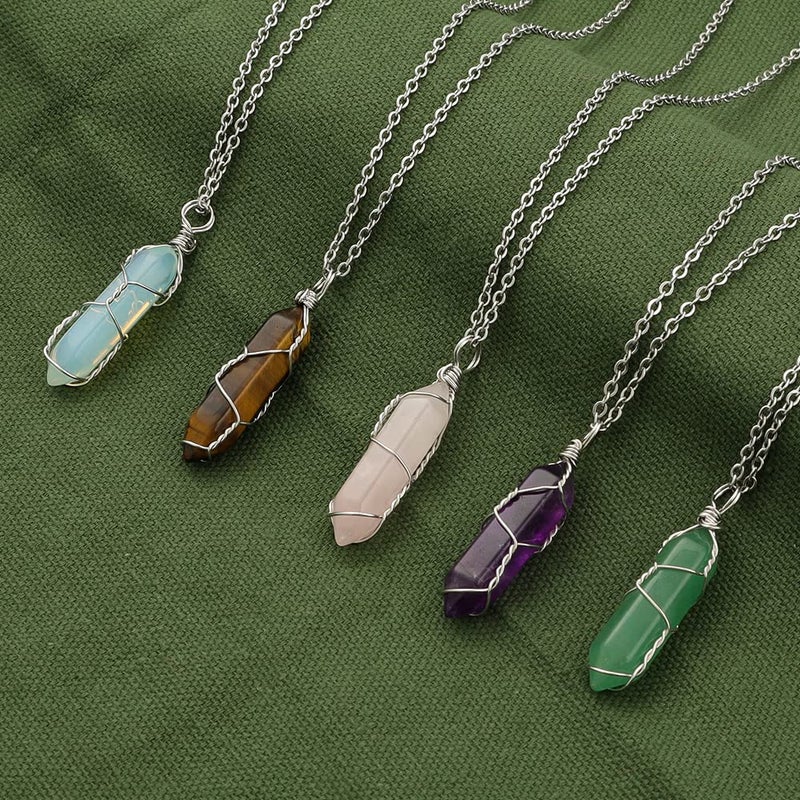 Lezam 5 Pcs Natural Hexagonal Crystal Necklace for Women Reiki Healing Crystals Pendant with Tree Wire Wrapped Gemstone Quartz Stone Pendants Necklaces - Image 3
