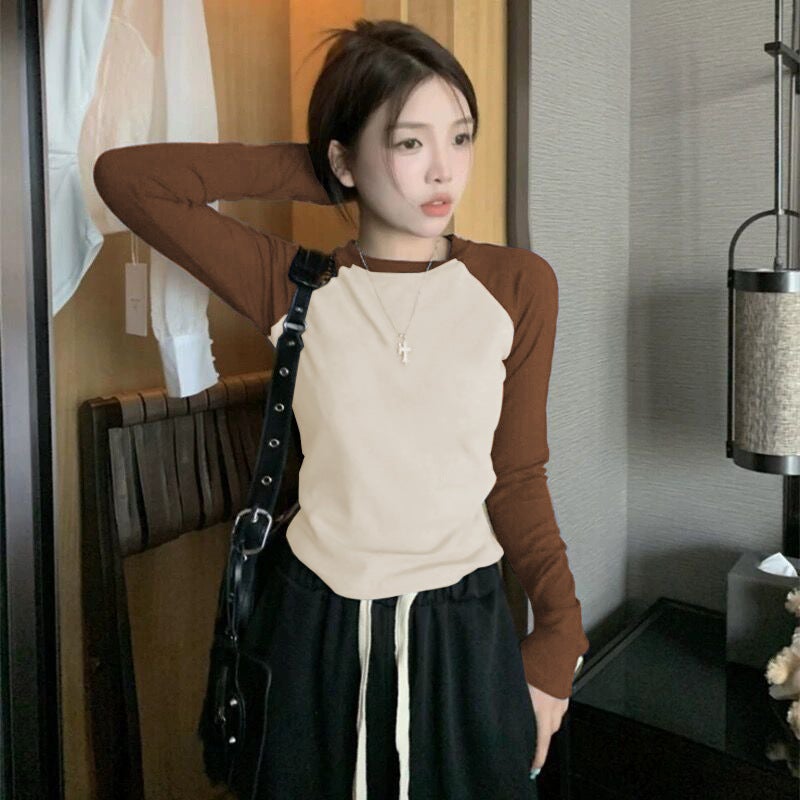 American retro raglan sleeve cotton long-sleeved T-shirt 24 early autumn new contrast color slim fit hot girl Design top Coffee - Image 1