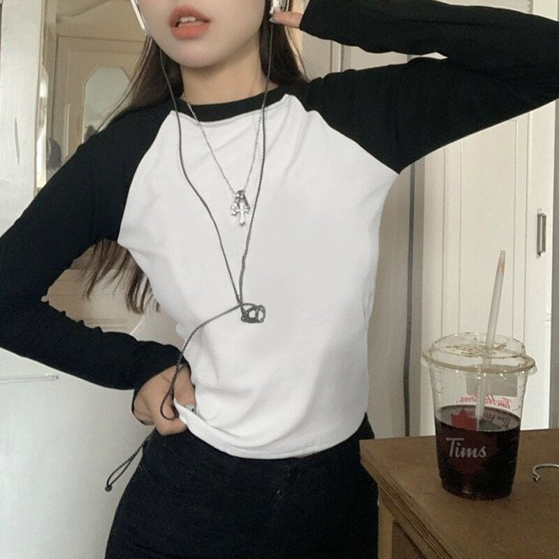 American retro raglan sleeve cotton long-sleeved T-shirt 24 early autumn new contrast color slim fit hot girl Design top Coffee - Image 3