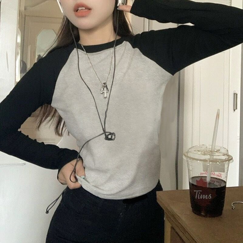 American retro raglan sleeve cotton long-sleeved T-shirt 24 early autumn new contrast color slim fit hot girl Design top Coffee - Image 4