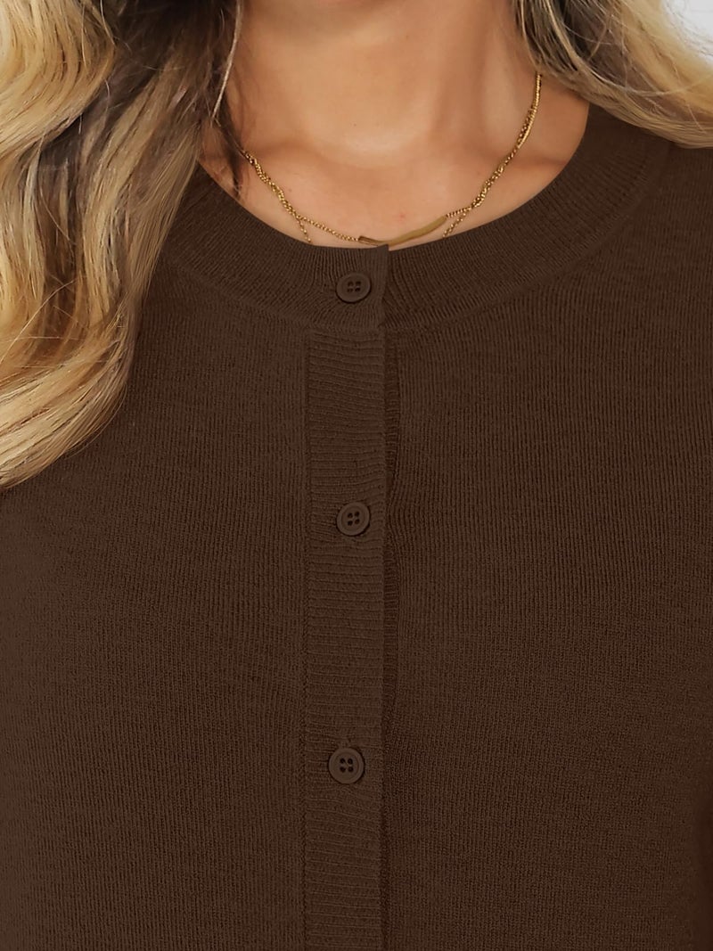 LILLUSORY Cropped Lightweight Cardigan Sweaters for Women Crew Neck Summer Clothes Fashion Spring Outfits 2026 Chocolate Brown M - Image 5