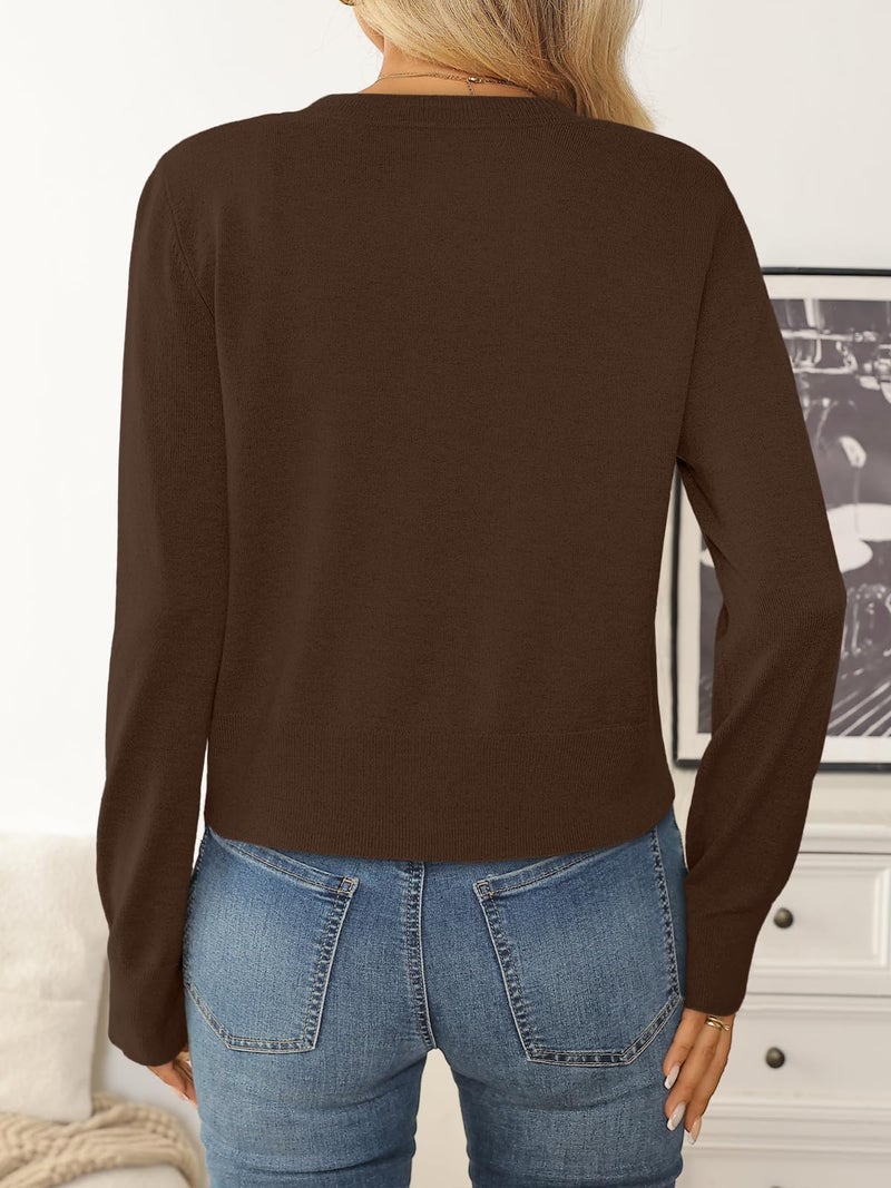 LILLUSORY Cropped Lightweight Cardigan Sweaters for Women Crew Neck Summer Clothes Fashion Spring Outfits 2026 Chocolate Brown M - Image 4